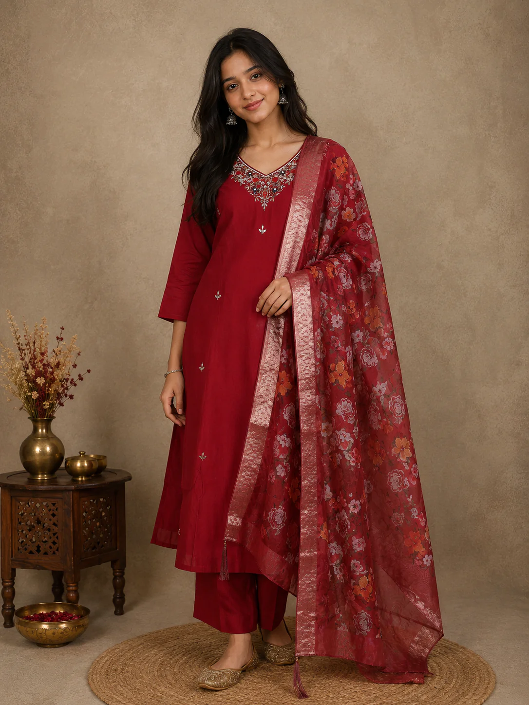 Red Floral Embroidered Design Cotton Straight Cut Salwar Suit